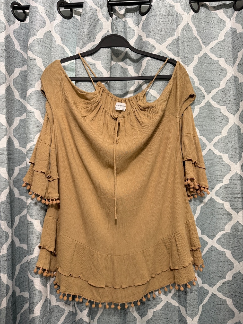 Lovers + Friends Tan Pom-Pom Ruffle Cold-Shoulder Tunic